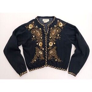 VTG Jay Jacobs Blk Lambswool Angora Cardigan Gold Beading  Lined Made in HK Sz M